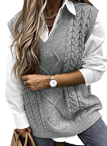 Aleumdr Pullunder Damen ärmellos V-Ausschnitt Strickweste Damen Pullover Elegant Strickpullover Casual Pullover Damen Grobstrick Oversize Winterpullover Strickpulli,Grau L von Aleumdr