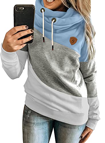 Aleumdr Kapuzenpullover Damen Sweatshirt Hoodie Damen Rollkragen Sweatshirt Pullover Farbblock Hoodie Langarm Kapuzenpulli SweaterDamen für Herbst Winter A Blau L von Aleumdr