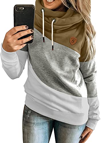 Aleumdr Kapuzenpullover Damen Sweatshirt Hoodie Damen Rollkragen Sweatshirt Pullover Farbblock Hoodie Langarm Kapuzenpulli SweaterDamen für Herbst Winter A Brauen L von Aleumdr