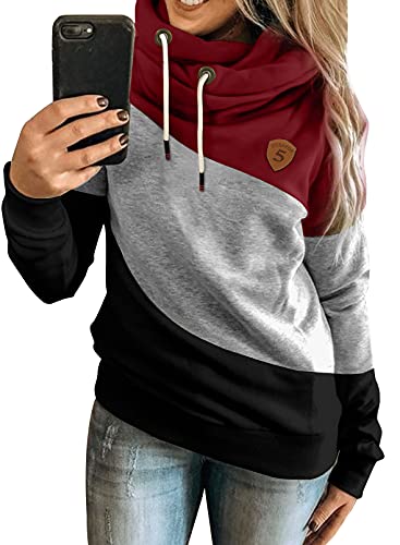 Aleumdr Kapuzenpullover Damen Sweatshirt Hoodie Damen Rollkragen Sweatshirt Pullover Farbblock Hoodie Langarm Kapuzenpulli SweaterDamen für Herbst Winter A Rot M von Aleumdr