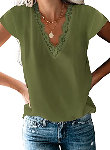 Aleumdr Damen Sexy Tops mit Spitzen V-Ausschnitt Damen Hemd Bluse Sommer Chiffon Top Causal Spitze Bluse Elegant Oberteile Tunika Top Shirts,Grün S von Aleumdr