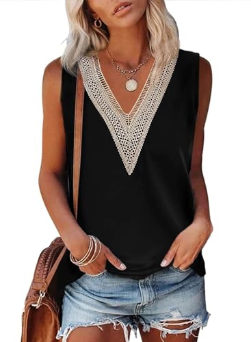 Aleumdr Damen Sommer Tank Tops Spitze V-Ausschnitt Shirts Elegant Lässige Fließende Tshirts Sexy Chiffon Schwarz Mittelgroß von Aleumdr