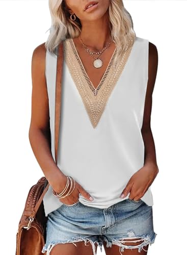 Aleumdr Damen Sommer Tank Tops Spitze V-Ausschnitt Shirts Elegant Lässige Fließende Tshirts Sexy Chiffon Weiß Mittelgroß von Aleumdr