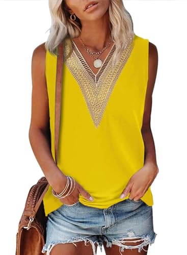 Aleumdr Damen Sommer Tank Tops Spitze V-Ausschnitt Shirts Elegant Lässige Fließende Tshirts Sexy Chiffon Gelb Mittelgroß von Aleumdr