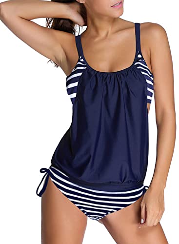 Aleumdr Damen Sportlich Tankini Set Damen Bademode Badeanzug Sommer Zweiteiliger Tankini Push up Zwei Stück Beachwear Gepolstert Badeanzüge Bauch Weg Strand Tankini,Dunkelblau 3XL von Aleumdr