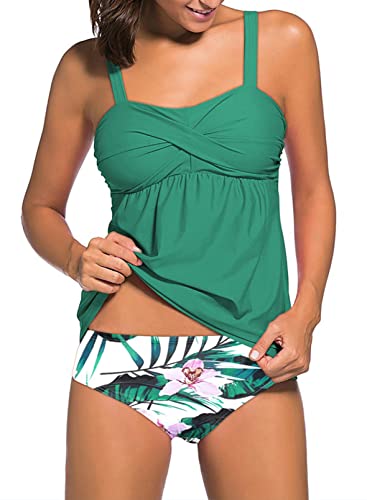 Aleumdr Damen Sportlich Tankini Set Damen Bademode Set zweiteilig Bikini Push up Zwei Stück Bikini Set Beachwear Gepolstert Badeanzüge Strand Tankinis,Grün XXL von Aleumdr