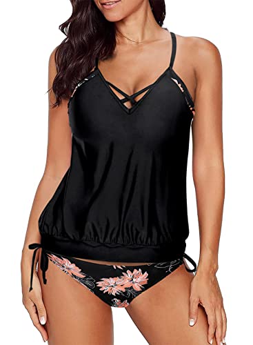 Aleumdr Damen Sportlich Tankini Set Damen Bademode Set zweiteilig Push up mit Einstellbarer Bikinislip Zwei Stück Bikini Set Beachwear Gepolstert Badeanzüge Strand Tankinis,Schwarz L von Aleumdr