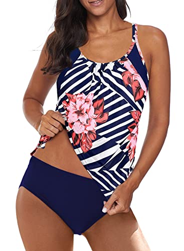 Aleumdr Damen Sportlich Tankini Set Damen Zweiteiliger Bademode Push up mit Einstellbarer Bikinislip Zwei Stück Bikini Set Beachwear Gepolstert Badeanzüge Strand Tankinis,Blau L von Aleumdr