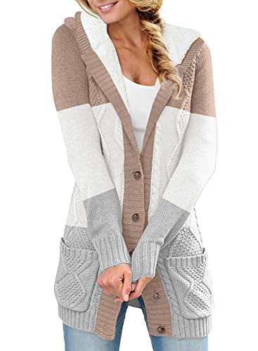 Aleumdr Damen Strickjacke Cardigan Grobstrick Strickmantel mit Kapuze Lange Strickjacken für Damen Winter Kaputzenjacken Dicke Fleecejacke mit Knöpfen,Braun XL von Aleumdr