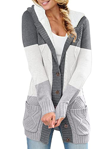 Aleumdr Damen Strickjacke Cardigan Grobstrick Strickmantel mit Kapuze Lange Strickjacken für Damen Winter Kaputzenjacken Dicke Fleecejacke mit Knöpfen,Grau L von Aleumdr