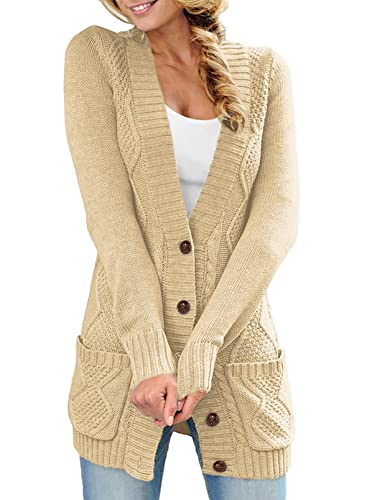 Aleumdr Damen Strickjacke Casual Cardigan Damen Strickmantel Strickpullover Herbst Winter Outwear mit Taschen und Langarm Beige XXL von Aleumdr