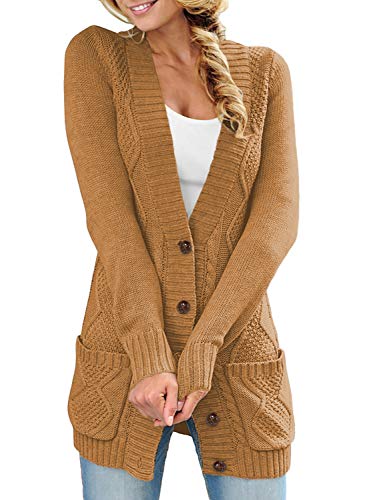 Aleumdr Damen Strickjacke Casual Cardigan Damen Strickmantel Strickpullover Herbst Winter Outwear mit Taschen und Langarm Khaki XXL von Aleumdr