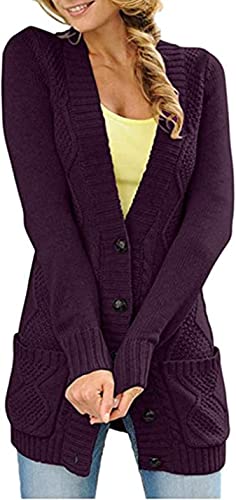 Aleumdr Damen Strickjacke Casual Cardigan Damen Strickmantel Strickpullover Herbst Winter Outwear mit Taschen und Langarm Lila XL von Aleumdr