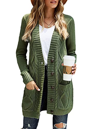 Aleumdr Damen Strickjacke Casual Cardigan Damen Strickmantel Strickpullover Herbst Winter Outwear mit Taschen und Langarm Grün XL von Aleumdr