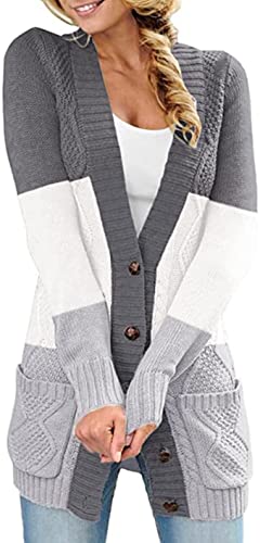 Aleumdr Damen Strickjacke Casual Cardigan Damen Strickmantel Strickpullover Herbst Winter Outwear mit Taschen und Langarm Grau und Weiß XXL von Aleumdr