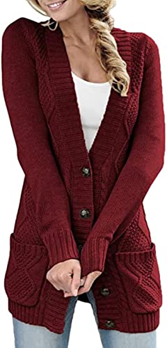 Aleumdr Damen Strickjacke Casual Cardigan Damen Strickmantel Strickpullover Herbst Winter Outwear mit Taschen und Langarm Rot S von Aleumdr