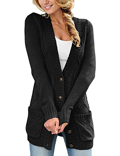 Aleumdr Strickjacke Damen Lang Strickmantel Grobstrick Cardigan Langarm Strickjacken für Damen Casual Strickcardigan Winterstrickjacke mit Taschen,Schwarz L von Aleumdr