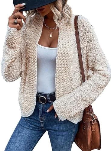 Aleumdr Damen Strickjacke Kurz Casual Cardigan Damen Herbst Strickmantel Elegant Fleecejacke Beige Größe Medium von Aleumdr