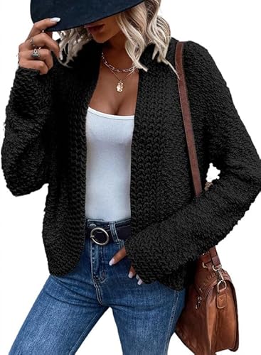 Aleumdr Damen Strickjacke Kurz Casual Cardigan Damen Herbst Strickmantel Elegant Fleecejacke Schwarz Größe Medium von Aleumdr