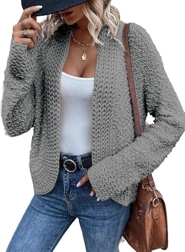 Aleumdr Damen Strickjacke Kurz Warm Cardigan Damen Herbst Strickmantel Elegant Teddy Jacke Grau Größe X-Large von Aleumdr