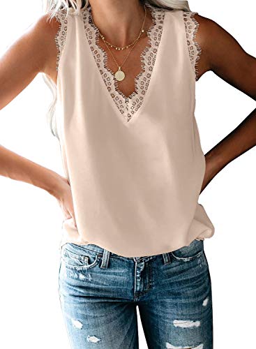 Aleumdr Damen Top Ärmellose Chiffon Sommer Blusentop Tank Top Spitzen V-Ausschnitt Weste Top Casual Shirt Tops Bluse Oberteile Aprikose S von Aleumdr