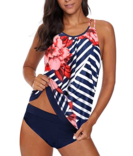 Aleumdr Damen Tankini Bauchweg Tankini Set Zweiteiliger Badeanzug Zweiteiler Tankinis mit Muster A-5 L von Aleumdr