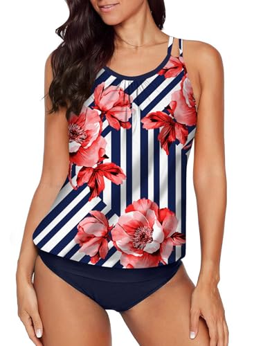 Aleumdr Damen Tankini Bauchweg Tankini Set Zweiteiliger Badeanzug Zweiteiler Tankinis mit Muster A-5 M von Aleumdr