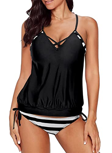 Aleumdr Damen Tankini Push up Damen Sportlich Tankini Set Badeanzug Bauchweg Damen Zweiteiler Bademode Set Sport Badeanzüge Damen Tankini Oberteil mit Badeshorts Schwimmanzug,Schwarz L von Aleumdr