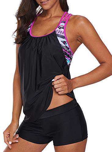 Aleumdr Damen Tankini Set Push up Damen Sport Tankini Badeanzug Bauchweg Damen Zweiteiler Bademode Set Sportlich Badeanzüge Damen Tankini Oberteil mit Badeshorts Schwimmanzug mit Cups,Lila M von Aleumdr