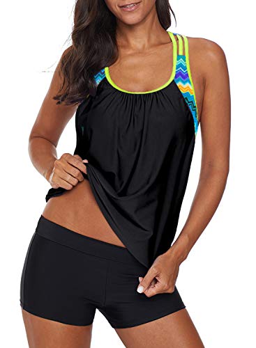 Aleumdr Damen Tankini Set Push up Damen Sport Tankini Badeanzug Bauchweg Damen Zweiteiler Bademode Set Sportlich Badeanzüge Damen Tankini Oberteil mit Badeshorts Schwimmanzug mit Cups,Schwarz L von Aleumdr