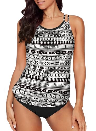 Aleumdr Damen Tankini Set Push up Sport Tankini Damen Badeanzug Bauchweg Damen Zweiteiler Bademode Bikini Set Sportlich Tankinis für Damen Oberteil mit Badeshorts A-2 L von Aleumdr