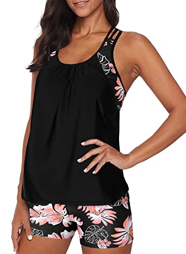 Aleumdr Damen Tankini Set Push up Sport Tankini Damen Badeanzug Bauchweg Damen Zweiteiler Bademode Bikini Set Sportlich Tankinis für Damen Oberteil mit Badeshorts Schwimmanzug,Schwarz S von Aleumdr