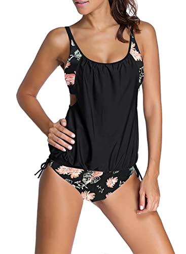 Aleumdr Damen Tankini Set Sportlich Badeanzug Bauchweg Frau Bademode Badeanzüge Sommer Tankini Set mit Dreieck Unterhosen Badebekleidung Zweiteiliger Push up Schutz,Schwarz L von Aleumdr