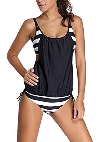 Aleumdr Damen Tankini Set Sportlich Badeanzug Bauchweg Frau Bademode Badeanzüge Sommer Tankini Set mit Dreieck Unterhosen Badebekleidung Zweiteiliger Push up Schutz,Schwarz große Streifen 3XL von Aleumdr