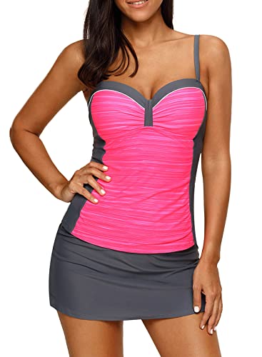 Aleumdr Damen Tankini Zweiteiler Bademode Set Damen Badeanzug Bauchweg Bikini Sets Swimsuit Bademode Beachwear Push up mit Rock Rosa XXXL von Aleumdr