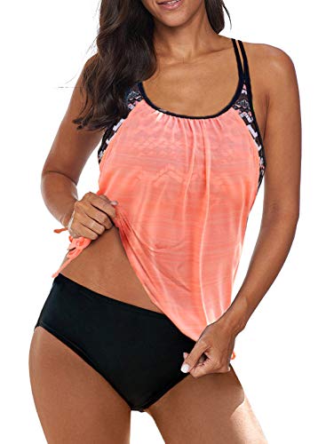 Aleumdr Damen Tankinis Bauchweg Frau Bademode Set Damen Badeanzug Tankini Set mit Dreieck Unterhosen Damen Push Up Badeanzüge Badebekleidung Zweiteiliger Bikini Set,Orange L von Aleumdr