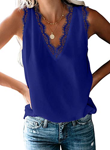 Aleumdr Top Damen Sexy Top V-Ausschnitt Top mit Spitze Ärmellose Tank Top Weste Slip Sommer Strand Vest Top Bluse 1-blau L von Aleumdr