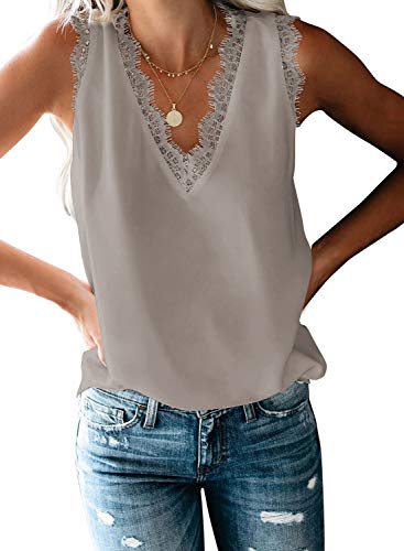 Aleumdr Top Damen Sexy Top V-Ausschnitt Top mit Spitze Ärmellose Tank Top Weste Slip Sommer Strand Vest Top Bluse 1-grau L von Aleumdr