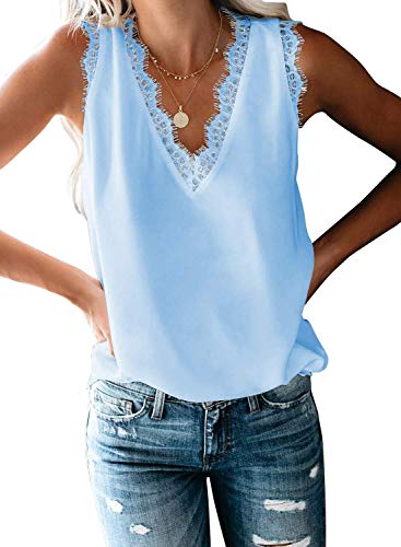 Aleumdr Top Damen Sexy Top V-Ausschnitt Top mit Spitze Ärmellose Tank Top Weste Slip Sommer Strand Vest Top Bluse 1-himmelblau XL von Aleumdr