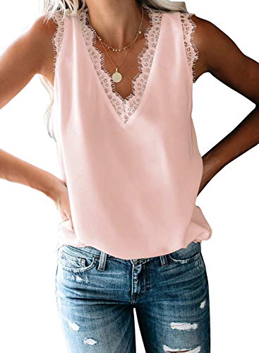 Aleumdr Top Damen Sexy Top V-Ausschnitt Top mit Spitze Ärmellose Tank Top Weste Slip Sommer Strand Vest Top Bluse 1-pink XXL von Aleumdr