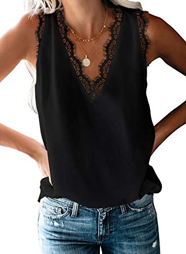 Aleumdr Top Damen Sexy Top V-Ausschnitt Top mit Spitze Ärmellose Tank Top Weste Slip Sommer Strand Vest Top Bluse 1-schwarz S von Aleumdr