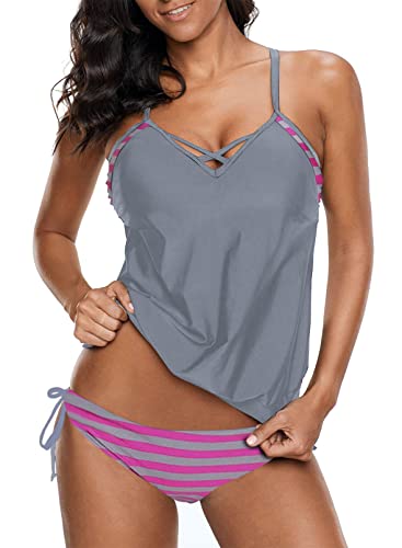 Aleumdr Damen Zweiteiler Tankini Set Push up Badeanzug Tankini Damen bauchweg Zwei Stück Bademode mit Dreieck Unterhosen Schwimmanzug Bikini Set Beachwear,Grau L von Aleumdr