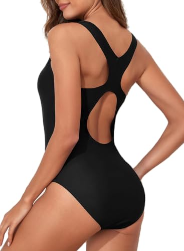 Aleumdr Einteilige Badeanzug Damen Sport Bademode mit Cups Bauchweg Sexy Schwimmanzug Push Up Swimsuits Monokini Schwarz Große Größe von Aleumdr