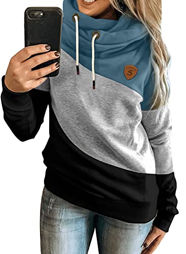 Aleumdr Hoodie Damen Rollkragen Kapuzenpullover Damen Langarm Sweatshirt Herbst Rollkragen Pullover Damen Farbblock Hoodie Kapuzenpulli Winterpullover für Damen A Blau2 2XL von Aleumdr