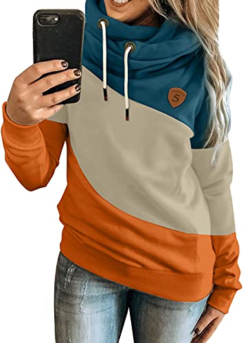 Aleumdr Hoodie Damen Rollkragen Kapuzenpullover Damen Langarm Sweatshirt Herbst Rollkragen Pullover Damen Farbblock Hoodie Kapuzenpulli Winterpullover für Damen A Blau3 L von Aleumdr