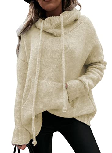 Aleumdr Hoodie Pullover Damen Elegant Kapuzenpullover Hoodie Damen Oversize Pullover Winter Strickpullover Damen Rollkragenpullover Strickpulli Sweatshirt mit Kapuze,Beige L von Aleumdr