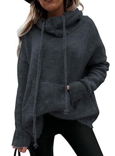 Aleumdr Hoodie Pullover Damen Elegant Kapuzenpullover Hoodie Damen Oversize Pullover Winter Strickpullover Damen Rollkragenpullover Strickpulli Sweatshirt mit Kapuze,Dunkelgrau XXL von Aleumdr