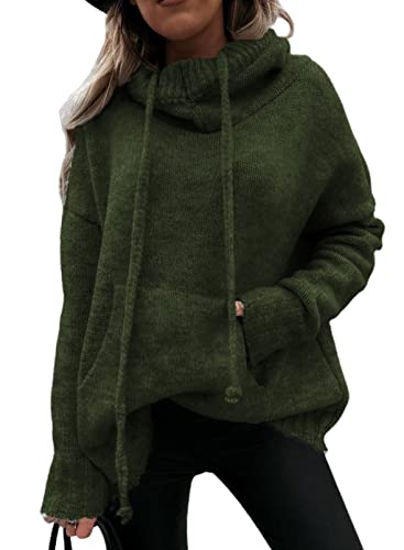 Aleumdr Hoodie Pullover Damen Elegant Kapuzenpullover Hoodie Damen Oversize Pullover Winter Strickpullover Damen Rollkragenpullover Strickpulli Sweatshirt mit Kapuze,Grün L von Aleumdr