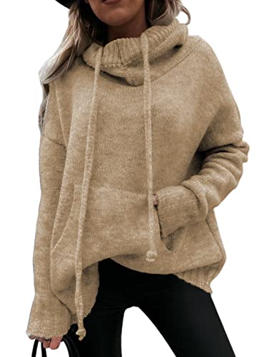 Aleumdr Hoodie Pullover Damen Elegant Kapuzenpullover Hoodie Damen Oversize Pullover Winter Strickpullover Damen Rollkragenpullover Strickpulli Sweatshirt mit Kapuze,Khaki L von Aleumdr