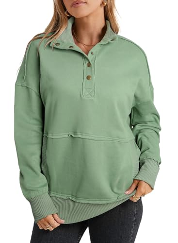 Aleumdr Hoodie Pullover Damen Oversize Rollkragen Sweatshirts für Damen Langarm Rollkragenpullover Damen Baumwolle Herbst Sweatshirt mit Knöpfen,Grün XL Aleumdr Hoodie Pullover Damen Oversize Rollkragen Sweatshirts für Damen Langarm Rollkragenpullover Damen Baumwolle Herbst Sweatshirt mit Knöpfen,Grün XL von Aleumdr